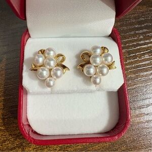 Mikimoto Akoya Pearls Earrings Ribbon Design Japan Real Gold